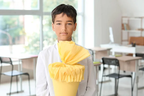 Little Boy Yellow School Cone Classroom — Foto de Stock