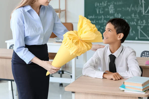 Teacher Greeting Little Boy School Cone Classroom — Fotografia de Stock