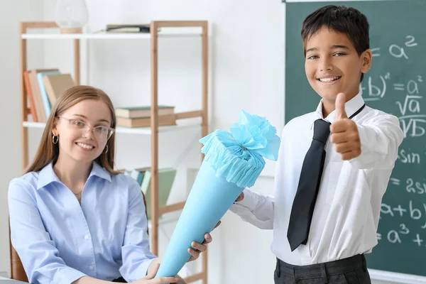 Little Boy School Cone Teacher Showing Thumb Classroom — Fotografia de Stock