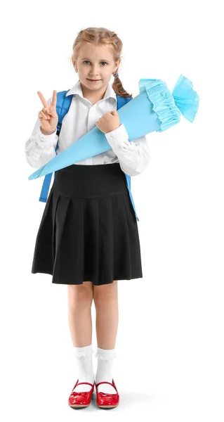 Cute Little Girl Blue School Cone Showing Victory Gesture White —  Fotos de Stock