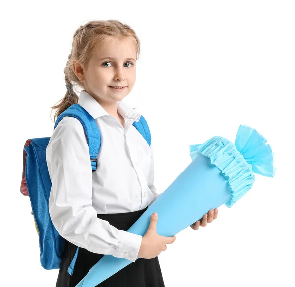 Cute Little Girl Blue School Cone Backpack White Background — ストック写真