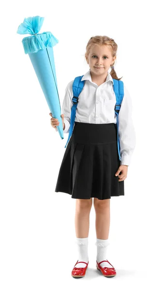 Cute Little Girl Blue School Cone White Background — Stok fotoğraf