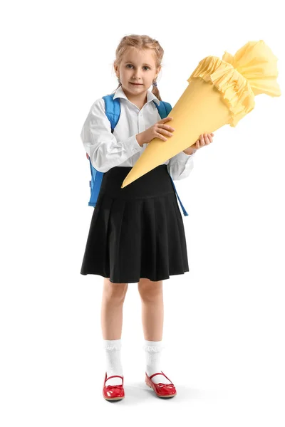 Cute Little Girl Yellow School Cone White Background — Stockfoto