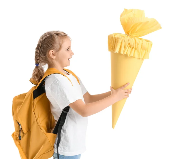 Cute Little Girl Yellow School Cone Backpack White Background — ストック写真