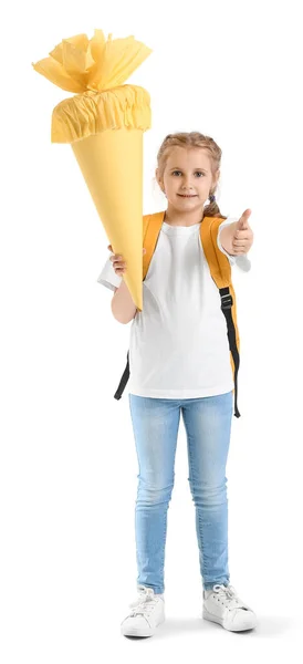 Cute Little Girl Yellow School Cone Backpack Showing Thumb White — Zdjęcie stockowe