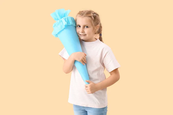 Cute Little Girl Blue School Cone Beige Background — Stock Photo, Image
