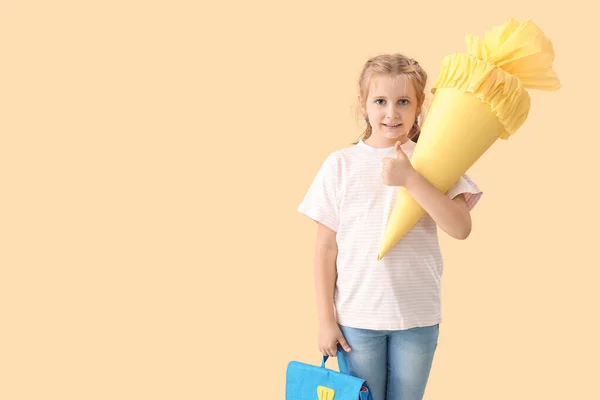 Cute Little Girl Yellow School Cone Backpack Beige Background — Photo