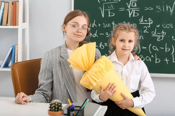 Cute Little Girl School Cone Teacher Classroom — Fotografia de Stock