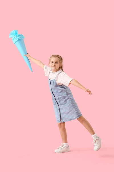 Cute Little Girl Blue School Cone Pink Background — Stock Photo, Image