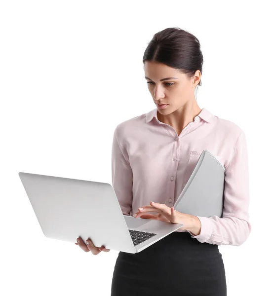 Female Teacher Computer Sciences Notebook Using Laptop White Background — Stockfoto