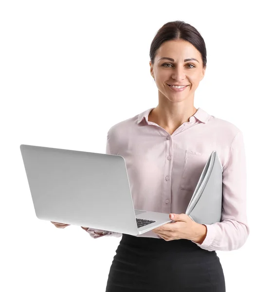 Female Teacher Computer Sciences Laptop Notebook White Background — Stockfoto