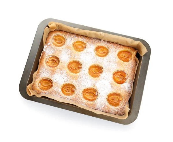 Baking Tray Tasty Apricot Pie White Background — Stock Photo, Image