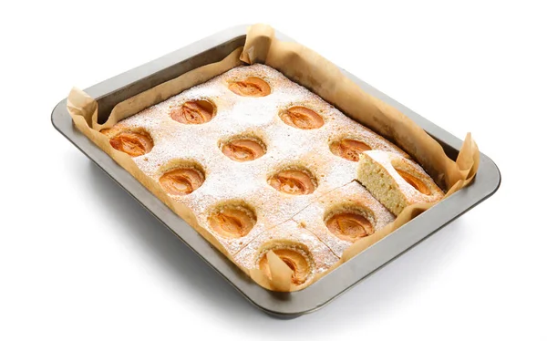 Baking Tray Tasty Apricot Pie White Background — 스톡 사진