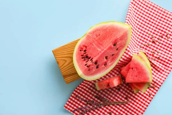 Slices Watermelon Seeds Napkin Blue Background — Stock Photo, Image