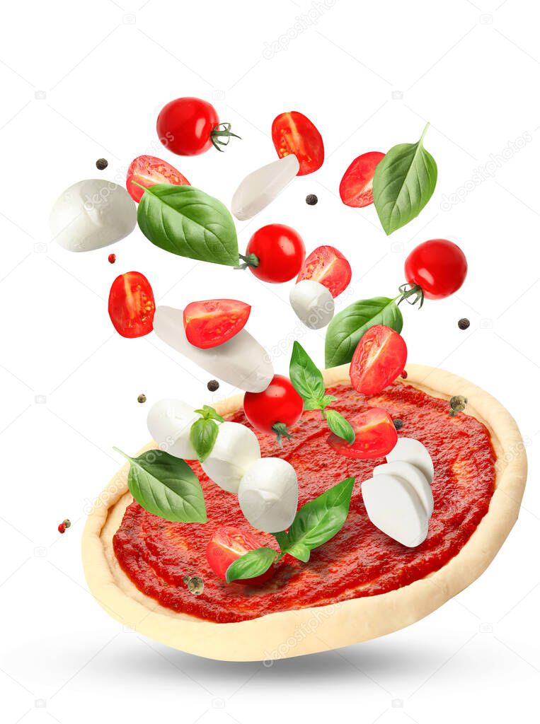 Ingredients for tasty pizza Margarita isolated on white