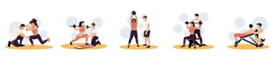 Set of sporty woman training with coach on white background