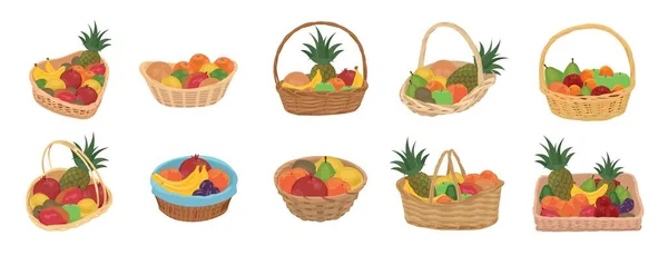 Set Wicker Baskets Different Fruits White Background — 스톡 벡터