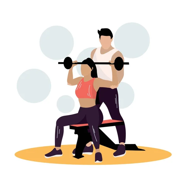 Sporty Woman Training Barbell Male Coach White Background — Stockvector