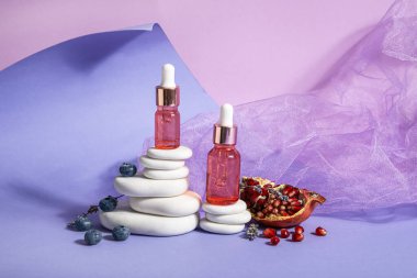 Composition with bottles of essential oil, blueberry, pomegranate and spa stones on color background