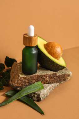 Composition with bottle of essential oil, aloe leaves and avocado on color background