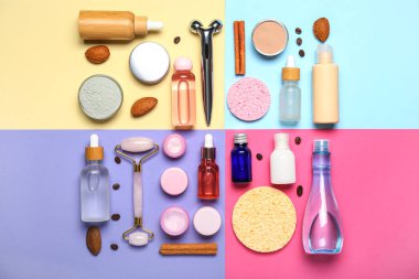 Facial massage tools with cosmetic products and natural components on color background