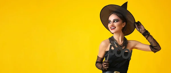 Beautiful Young Woman Halloween Costume Witch Yellow Background Space Text — Photo