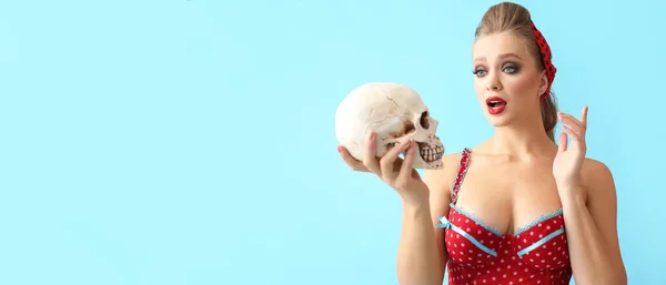 Sexy Young Woman Skull Light Blue Background Space Text Halloween — 图库照片