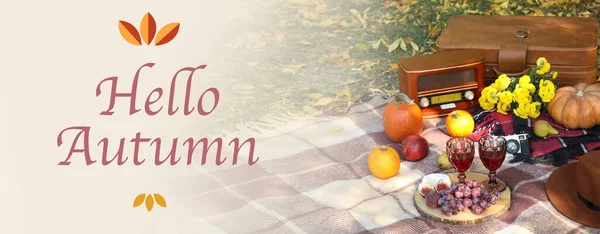 Plaid with tasty food and drink for romantic picnic and text HELLO AUTUMN