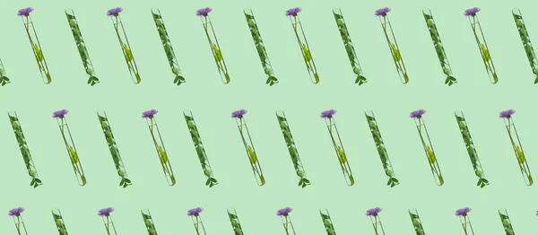 Test Tubes Flowers Green Background Pattern Design — Zdjęcie stockowe