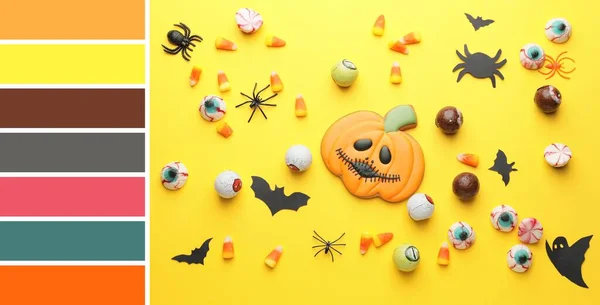 Halloween Composition Tasty Treats Yellow Background Different Color Patterns — Photo