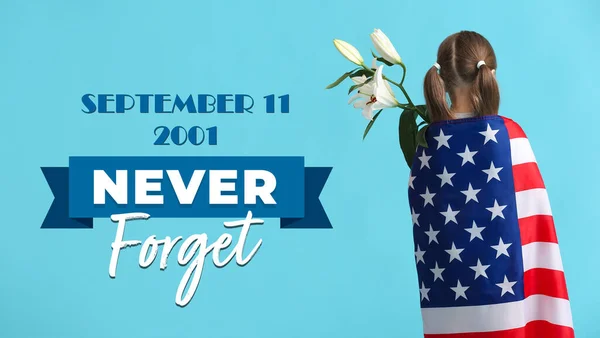 Little Girl Usa Flag Lilies Blue Background National Day Prayer — Stock Fotó