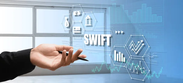 Businessman Using Virtual Screen Word Swift Office — Fotografia de Stock
