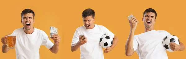 Collage Happy Man Soccer Ball Mobile Phone Beer Money Orange — Foto Stock