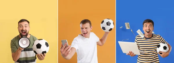 Collage Happy Men Soccer Balls Mobile Phone Laptop Megaphone Money — Zdjęcie stockowe