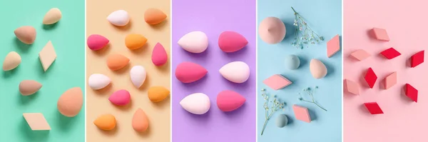 Set Makeup Sponges Colorful Background Top View — Stock Photo, Image