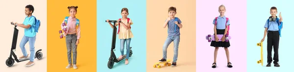 Collage Funny Little School Children Skateboards Kick Scooters Color Background — Stock Photo, Image