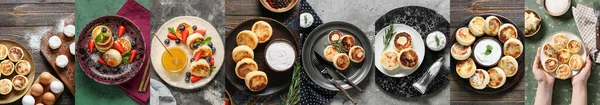 Collage Sweet Cottage Cheese Pancakes Top View — 스톡 사진
