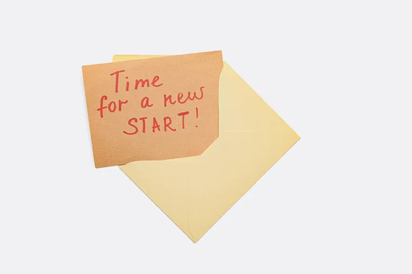 Paper Sheet Text Time New Start Envelope White Background — Stockfoto