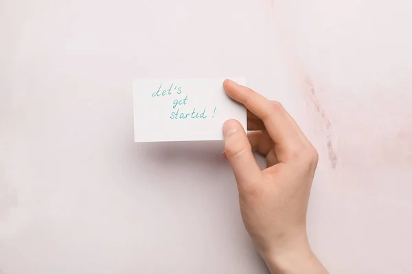 Paper Sheet Text Let Get Started Female Hand Light Background — Fotografia de Stock