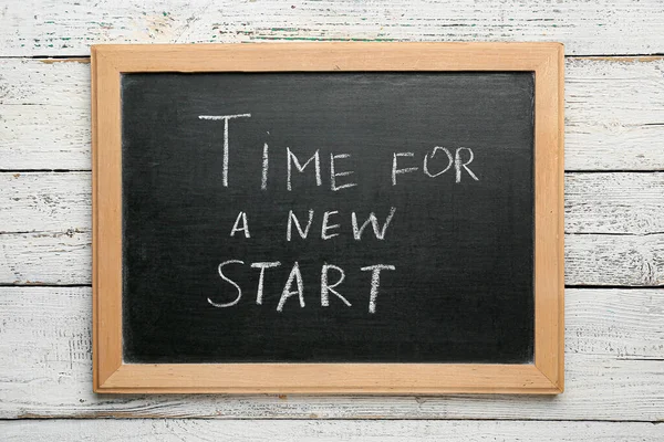 Chalkboard Text Time New Start White Wooden Background — Stockfoto