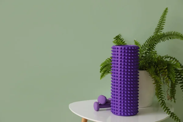 Table Foam Roller Dumbbells Houseplant Green Wall — ストック写真