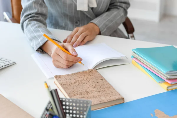 Mature Teacher Working Copybook Table School Closeup — Stock Photo, Image