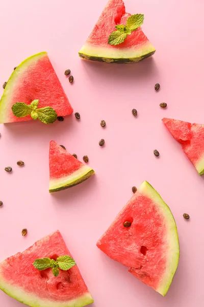 Slices Watermelon Mint Seeds Pink Background — Stock Photo, Image