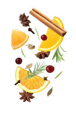 Ingredients for tasty mulled wine isolated on white