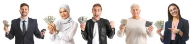 Set of happy men with money on white background