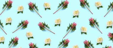 Many beautiful flowers on light blue background. Pattern for design
