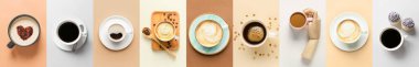 Collage with many cups of coffee on color background, top view