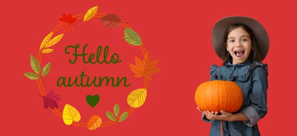 Cute Little Girl Pumpkin Red Background Hello Autumn — Zdjęcie stockowe