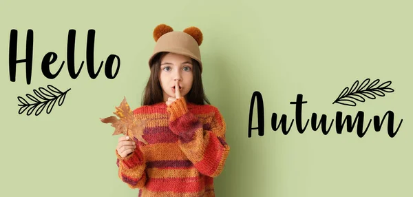 Cute Little Girl Autumn Leaf Showing Silence Gesture Green Background — Fotografia de Stock