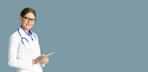 Female Doctor Holding Tablet Computer Grey Background Space Text — Stockfoto